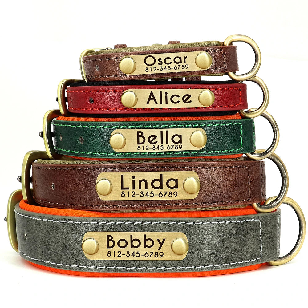 Personalized Leather Padded Dog Collar Customized ID Nameplate Pet Collars For Small Medium Dogs Durable Necklaces Accessories